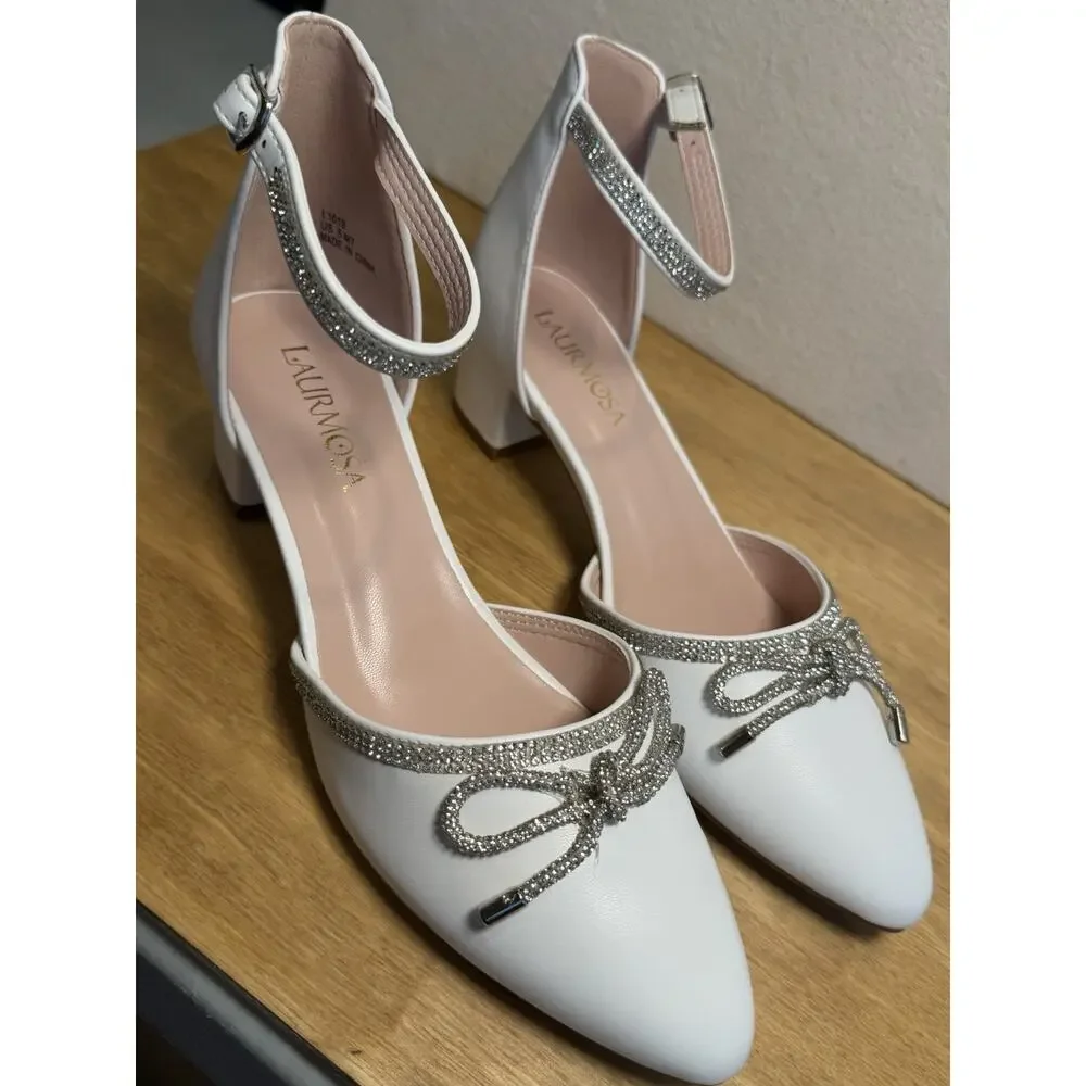Laurmosa Girls Dress Shoes US Size 5 White Rhinestone Bow Communion New